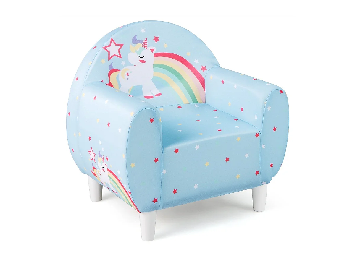 Kindersofa mit Rückenlehne & Armlehne Gepolsterter Kindersessel Einhorn Lesecouch Blau