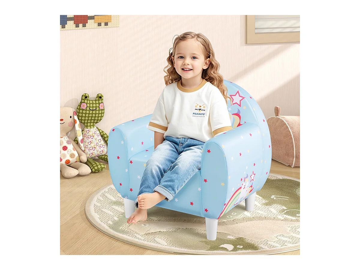 Kindersofa mit Rückenlehne & Armlehne Gepolsterter Kindersessel Einhorn Lesecouch Blau