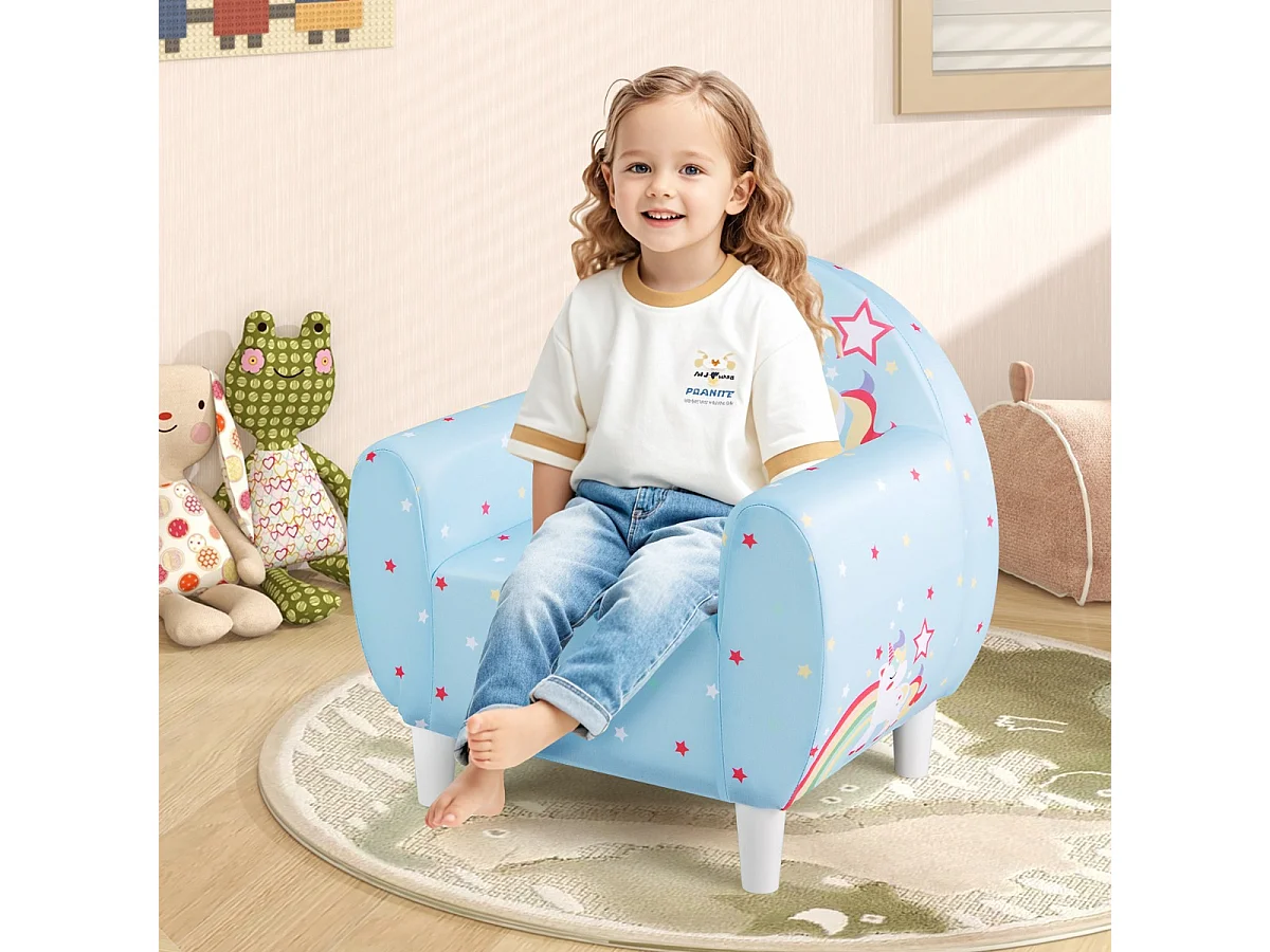 Kindersofa mit Rückenlehne & Armlehne Gepolsterter Kindersessel Einhorn Lesecouch Blau