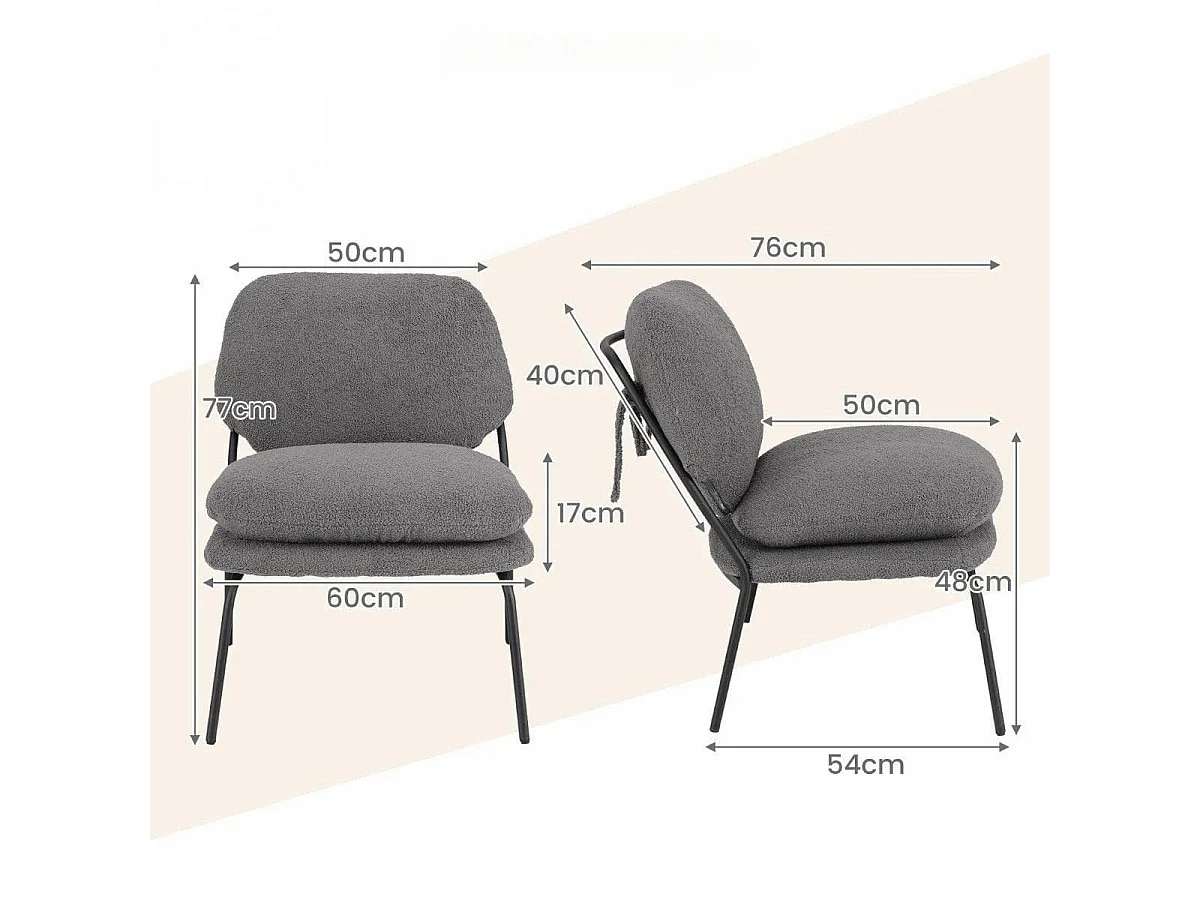 Fauteuil Décoratif sans Accoudoirs Chaise de Détente en Tissu Polaire avec Dossier Haut Coussins Épais Pieds en Métal Chaise Moderne Gris