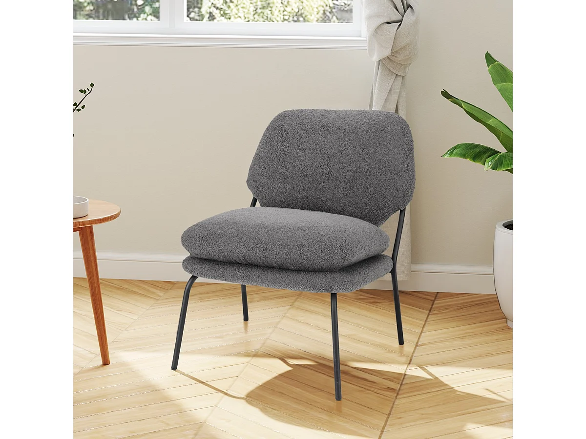 Fauteuil Décoratif sans Accoudoirs Chaise de Détente en Tissu Polaire avec Dossier Haut Coussins Épais Pieds en Métal Chaise Moderne Gris
