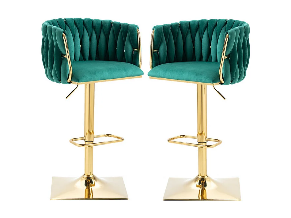 Set van 2 Barstoelen in fluweel - hoogte verstelbaar - 360° draaibaar - met voetensteun - 53x51x87/105cm - Groen