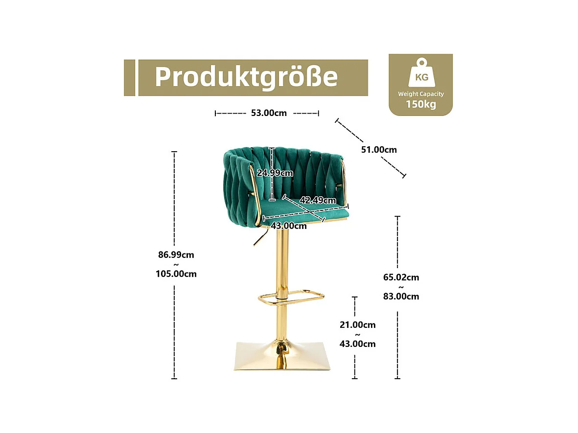 Set van 2 Barstoelen in fluweel - hoogte verstelbaar - 360° draaibaar - met voetensteun - 53x51x87/105cm - Groen