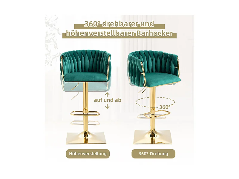 Set van 2 Barstoelen in fluweel - hoogte verstelbaar - 360° draaibaar - met voetensteun - 53x51x87/105cm - Groen