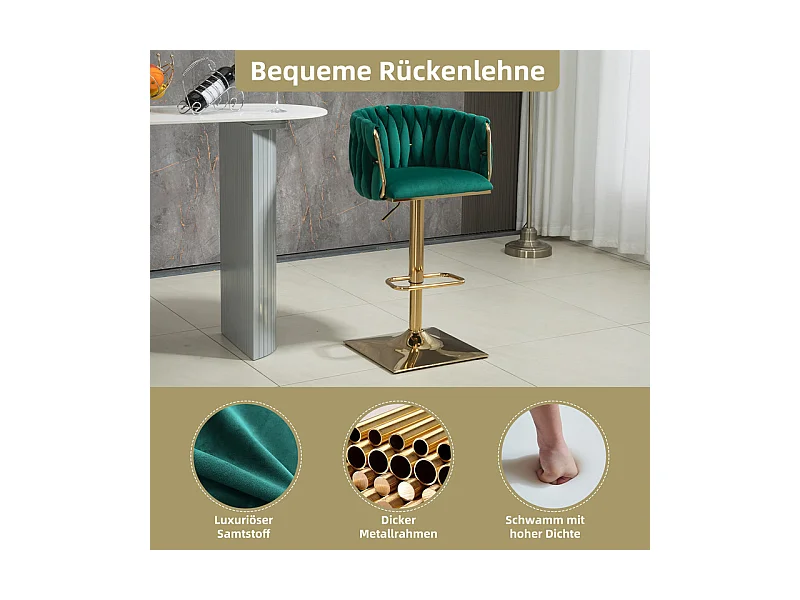 Set van 2 Barstoelen in fluweel - hoogte verstelbaar - 360° draaibaar - met voetensteun - 53x51x87/105cm - Groen