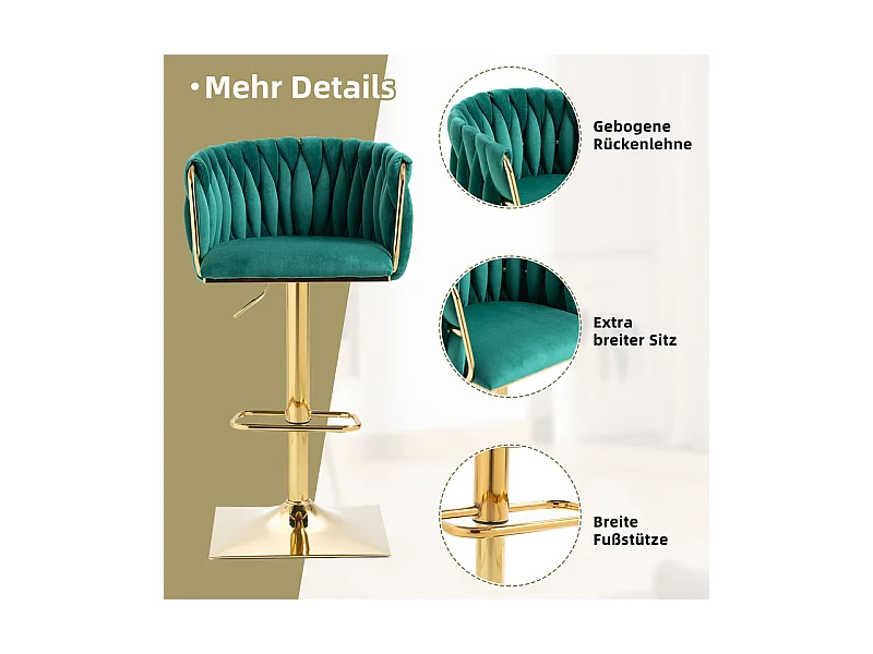 Set van 2 Barstoelen in fluweel - hoogte verstelbaar - 360° draaibaar - met voetensteun - 53x51x87/105cm - Groen