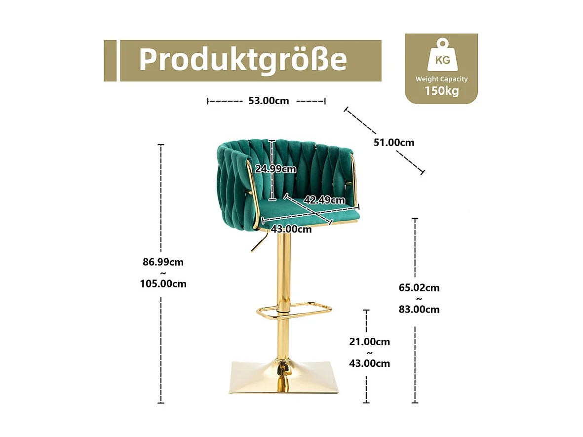 Lot de 2 Chaises de Bar en velours - hauteur réglable - 360° rotatif - avec repose-pieds - 53x51x87/105cm - Vert