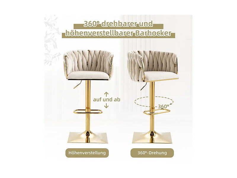 2Pcs Banquetas de bar em veludo - altura ajustável - giratório 360° - com descanso para pés - 53x51x87/105cm - Bege