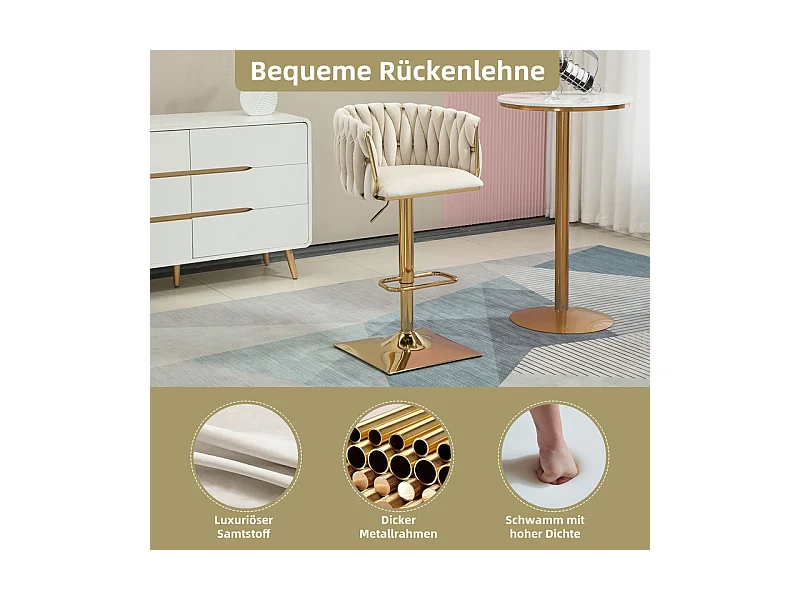 2Pcs Banquetas de bar em veludo - altura ajustável - giratório 360° - com descanso para pés - 53x51x87/105cm - Bege