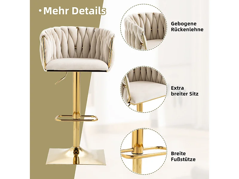 2Pcs tabourets de bar en velours - hauteur réglable - 360° rotatif - avec repose-pieds - 53x51x87/105cm - Berge