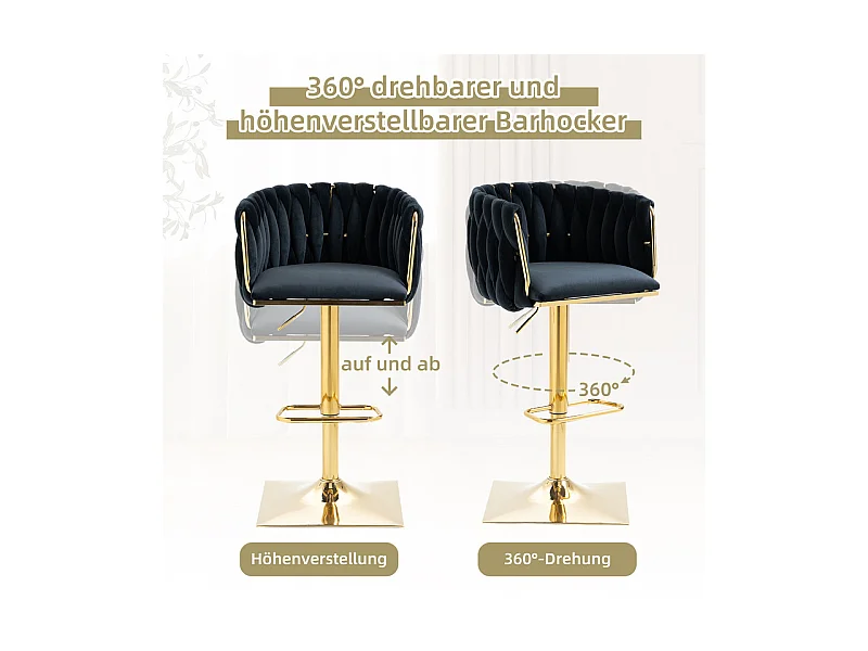 Lot de 2 tabourets de bar en velours - hauteur réglable - 360° rotatif - avec repose-pieds - 53x51x87/105cm - Noir