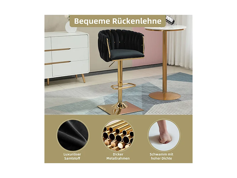 Lot de 2 tabourets de bar en velours - hauteur réglable - 360° rotatif - avec repose-pieds - 53x51x87/105cm - Noir