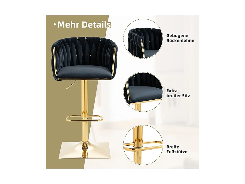 Lot de 2 tabourets de bar en velours - hauteur réglable - 360° rotatif - avec repose-pieds - 53x51x87/105cm - Noir