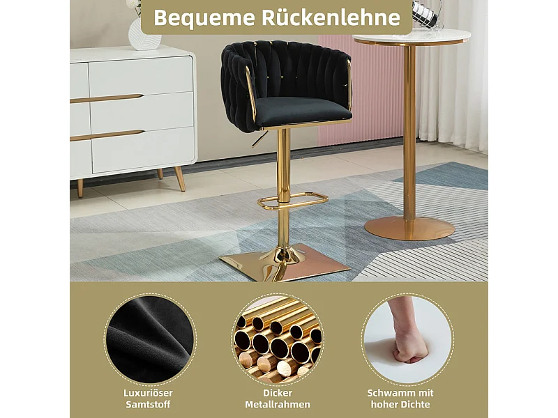 Conjunto de 2 Banquetas de bar em veludo - altura ajustável - giratório 360° - com descanso para pés - 53x51x87/105cm - Preto