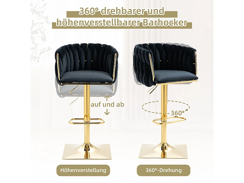 Lot de 2 tabourets de bar en velours - hauteur réglable - 360° rotatif - avec repose-pieds - 53x51x87/105cm - Noir