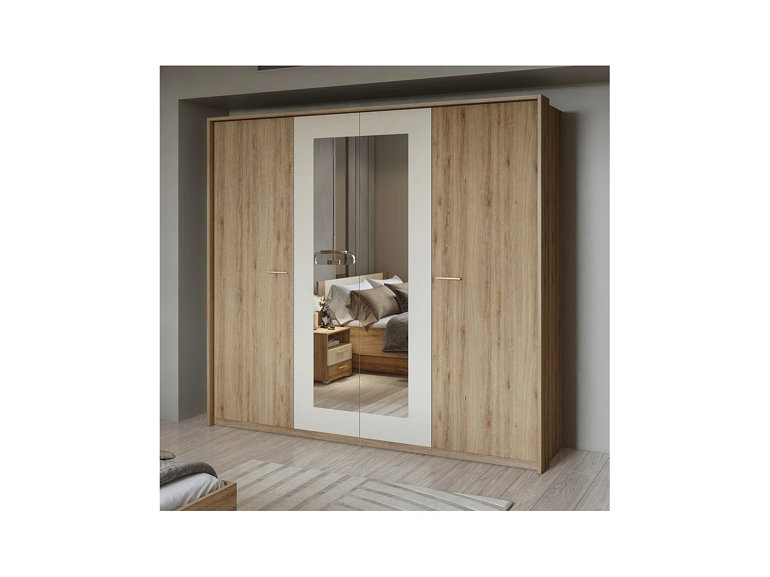 Chambre complète VERTIGO – Lit coffre 160x200, 2 chevets, armoire 4 portes + contour design