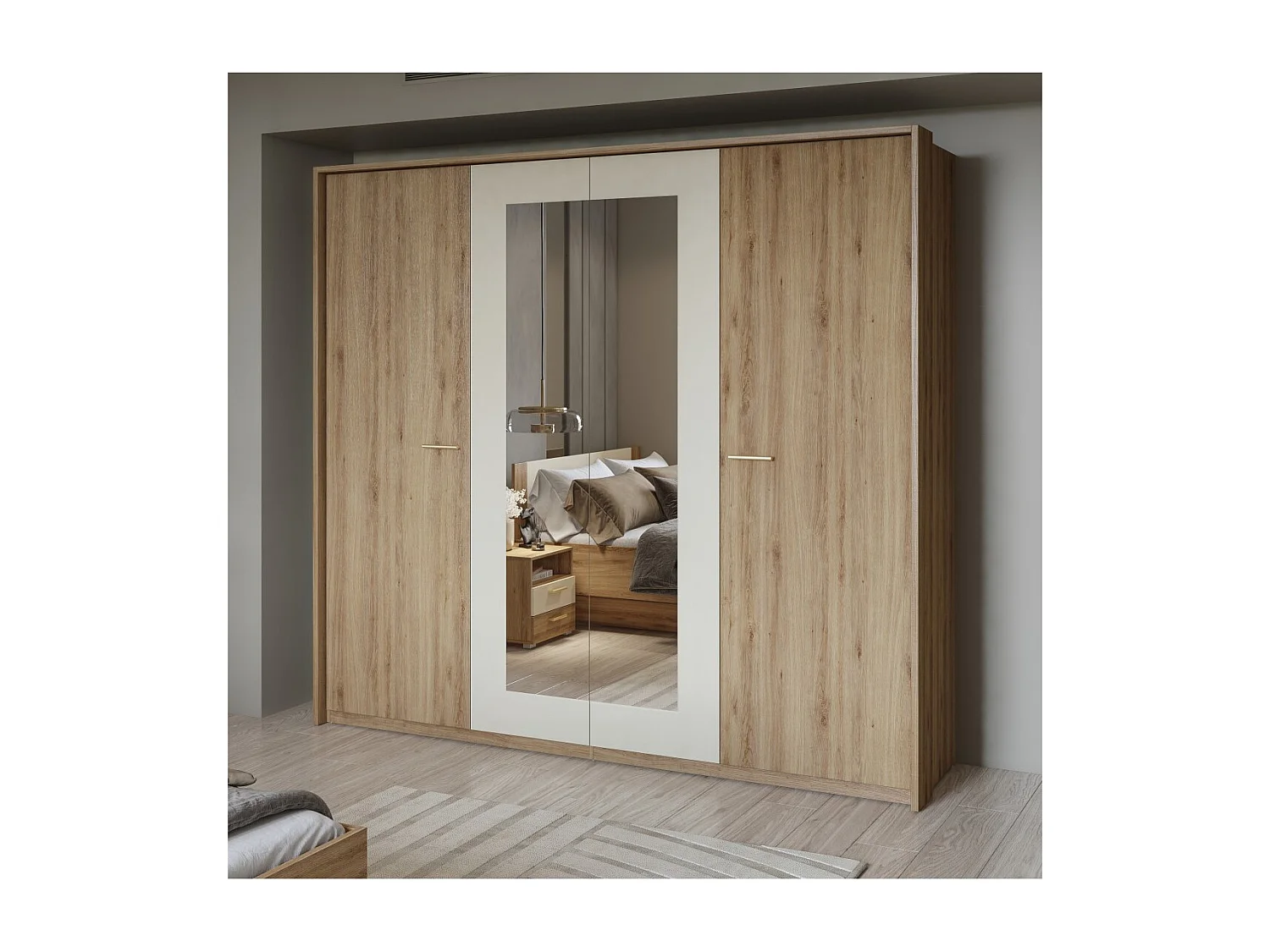 Chambre complète VERTIGO – Lit coffre 160x200, 2 chevets, armoire 4 portes + contour design