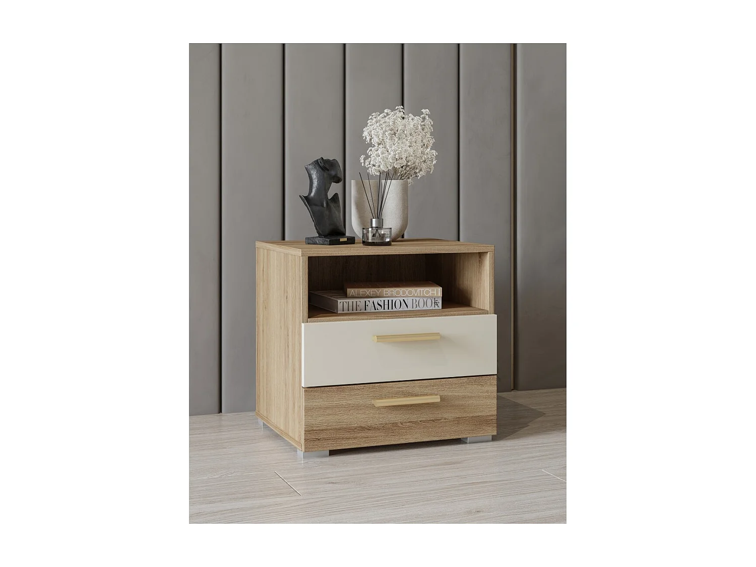 Chambre complète VERTIGO – Lit coffre 160x200, 2 chevets, armoire 4 portes + contour design