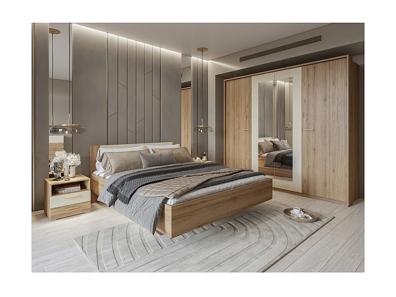 Habitación completa VERTIGO – Cama con canapé 160x200, 2 mesitas de noche, armario de 4 puertas + marco diseño