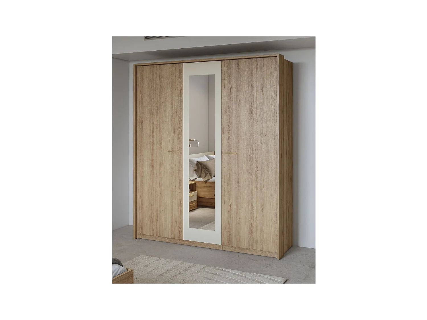 Quarto completo VERTIGO – Cama 180x200 com estrado, 2 mesinhas de cabeceira, armário de 3 portas, cômoda + moldura design