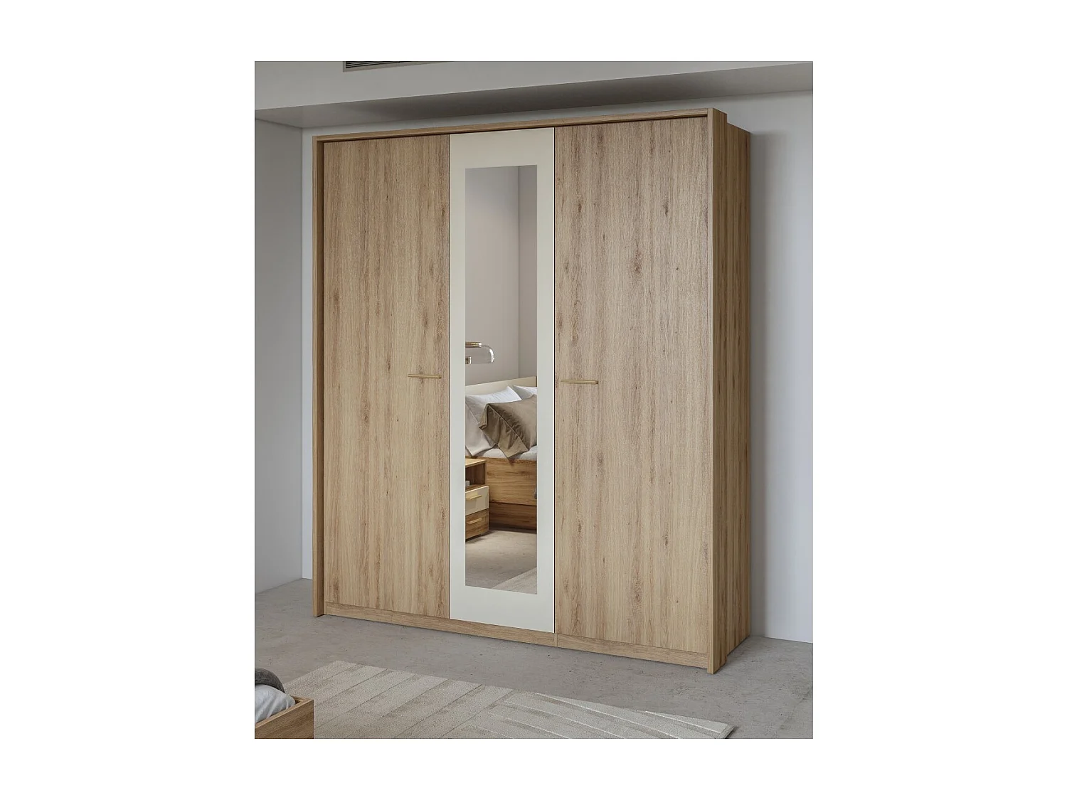 Quarto completo VERTIGO – Cama 180x200 com estrado, 2 mesinhas de cabeceira, armário de 3 portas, cômoda + moldura design