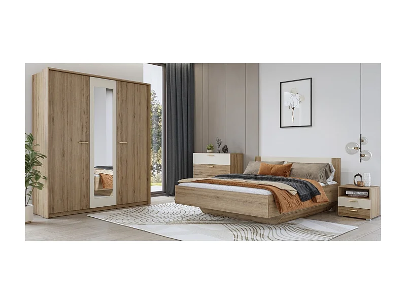 Chambre complète VERTIGO – Lit 180x200 avec sommier, 2 chevets, armoire 3 portes, commode + cadre design