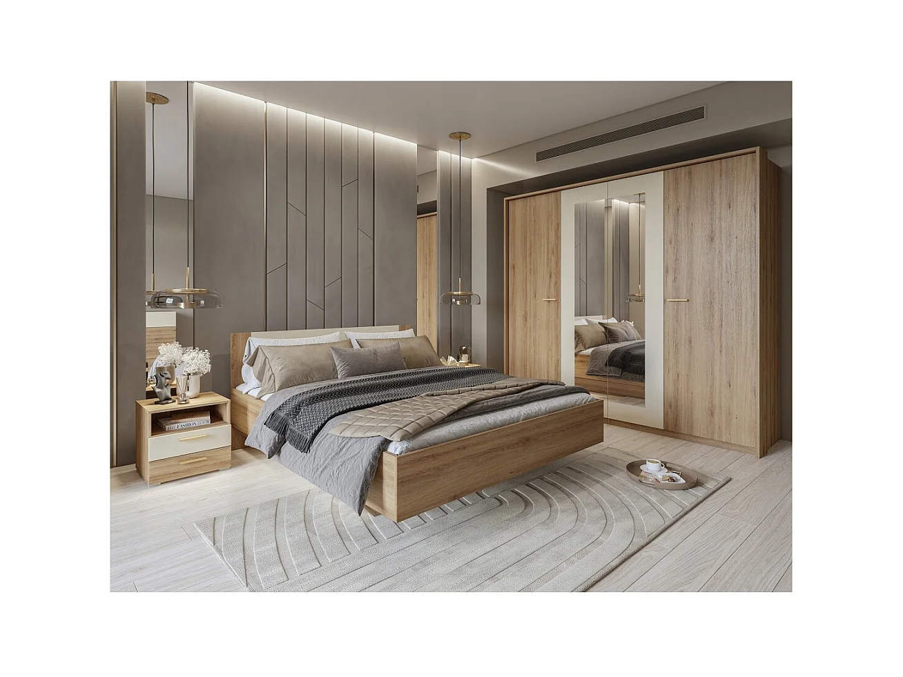 Habitación completa VERTIGO – Cama 180x200 con somier, 2 mesitas de noche, armario de 4 puertas + contorno de diseño