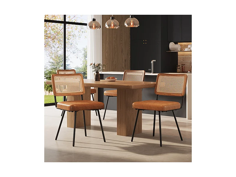 Lot de 4 chaises en cuir et métal - dossier en rotin - pieds réglables - 61x46x79cm