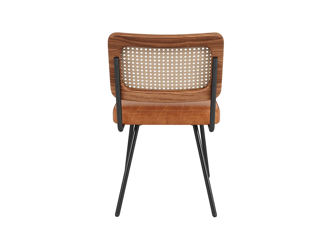 Lot de 4 chaises en cuir et métal - dossier en rotin - pieds réglables - 61x46x79cm