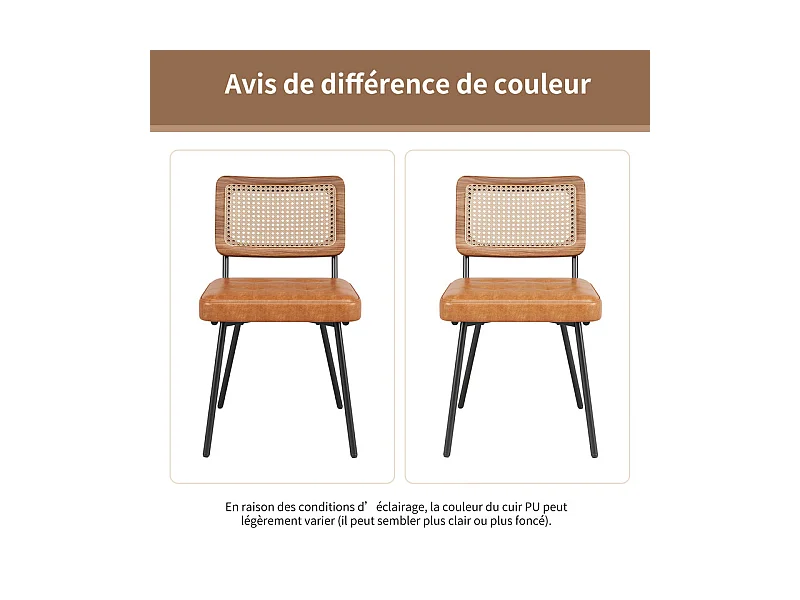 Lot de 4 chaises en cuir et métal - dossier en rotin - pieds réglables - 61x46x79cm