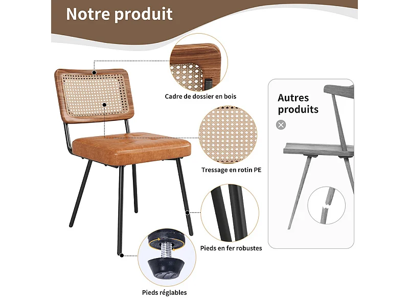 Lot de 4 chaises en cuir et métal - dossier en rotin - pieds réglables - 61x46x79cm