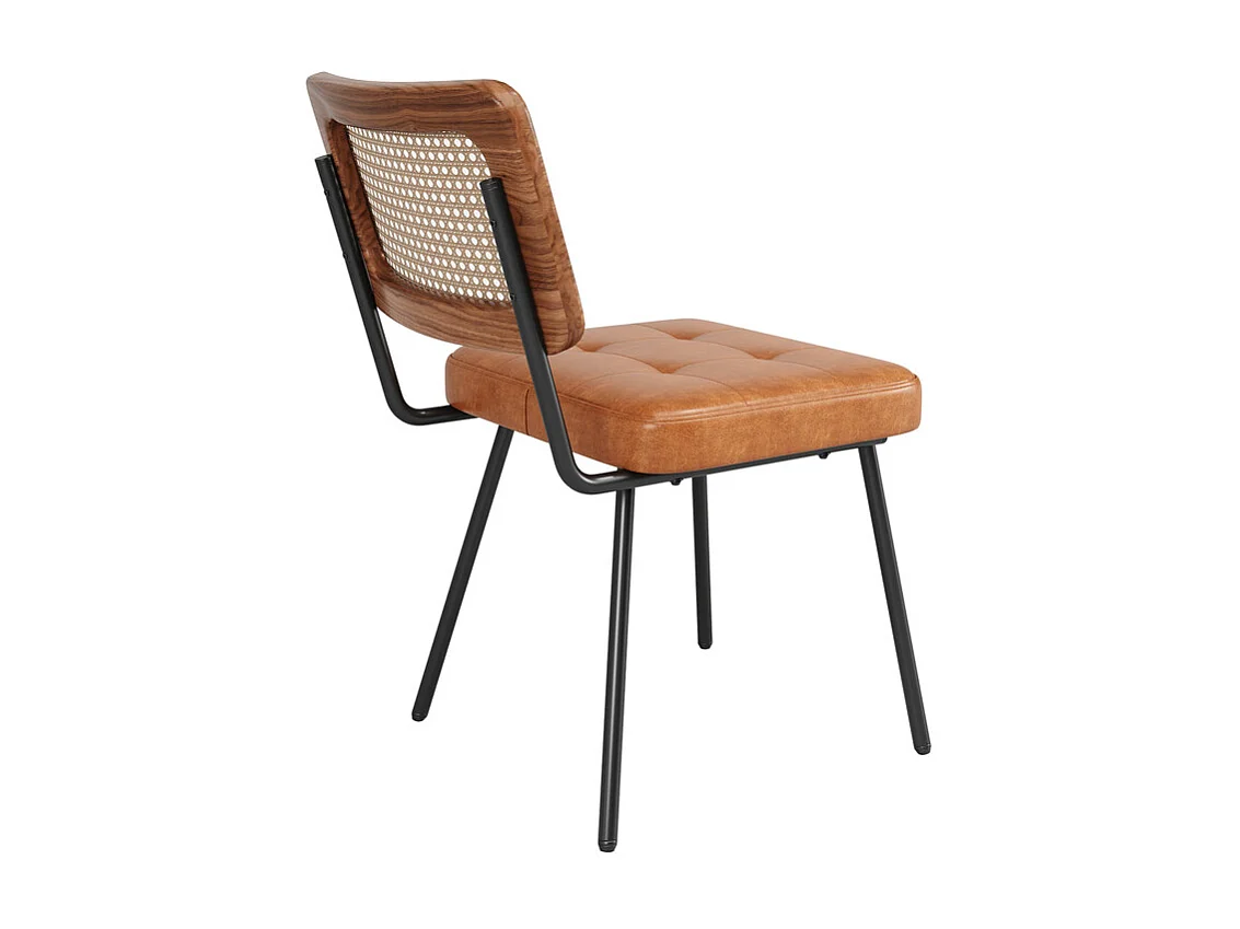 Lot de 4 chaises en cuir et métal - dossier en rotin - pieds réglables - 61x46x79cm