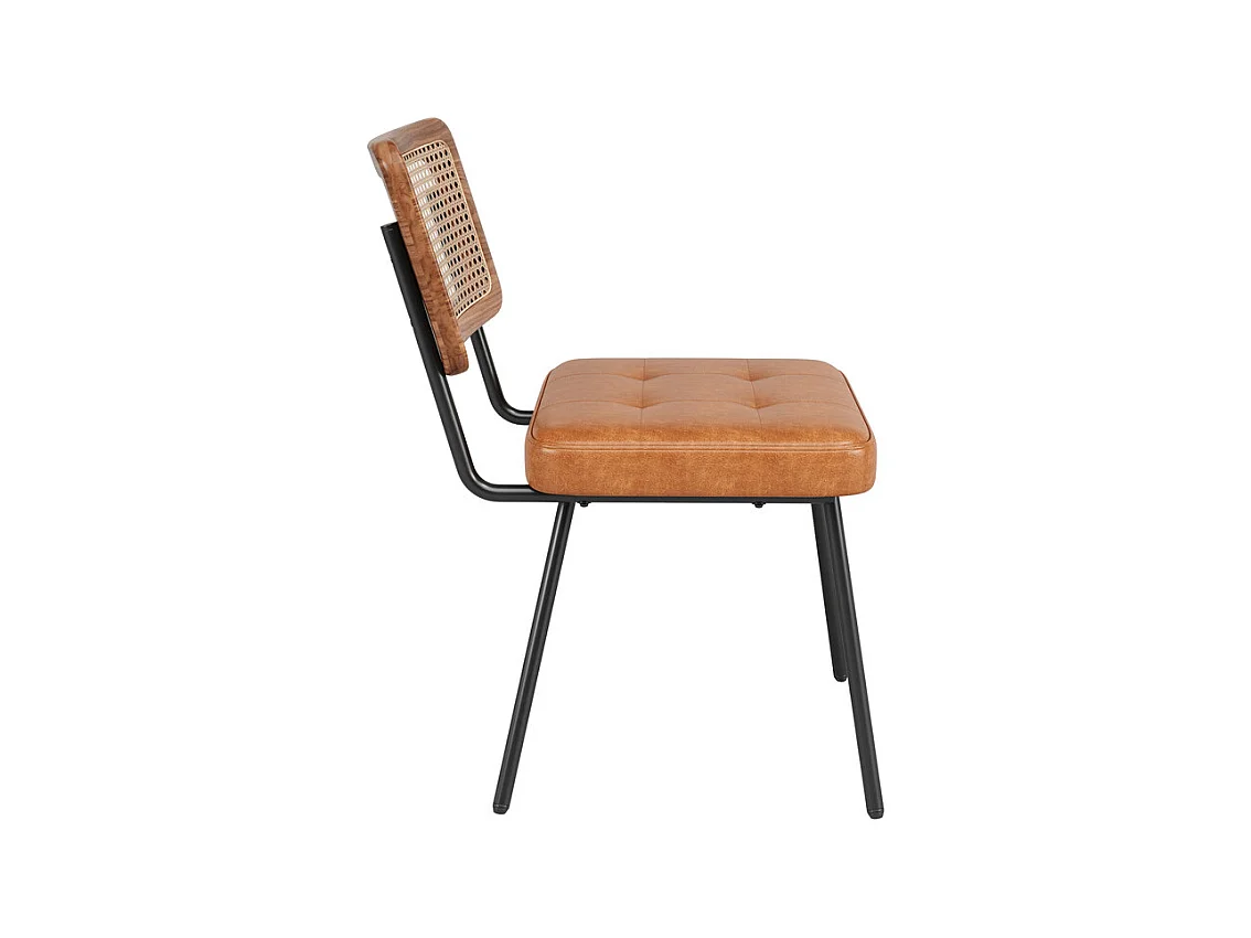 Lot de 6 chaises en cuir et métal - dossier en rotin - pieds réglables - 61x46x79cm