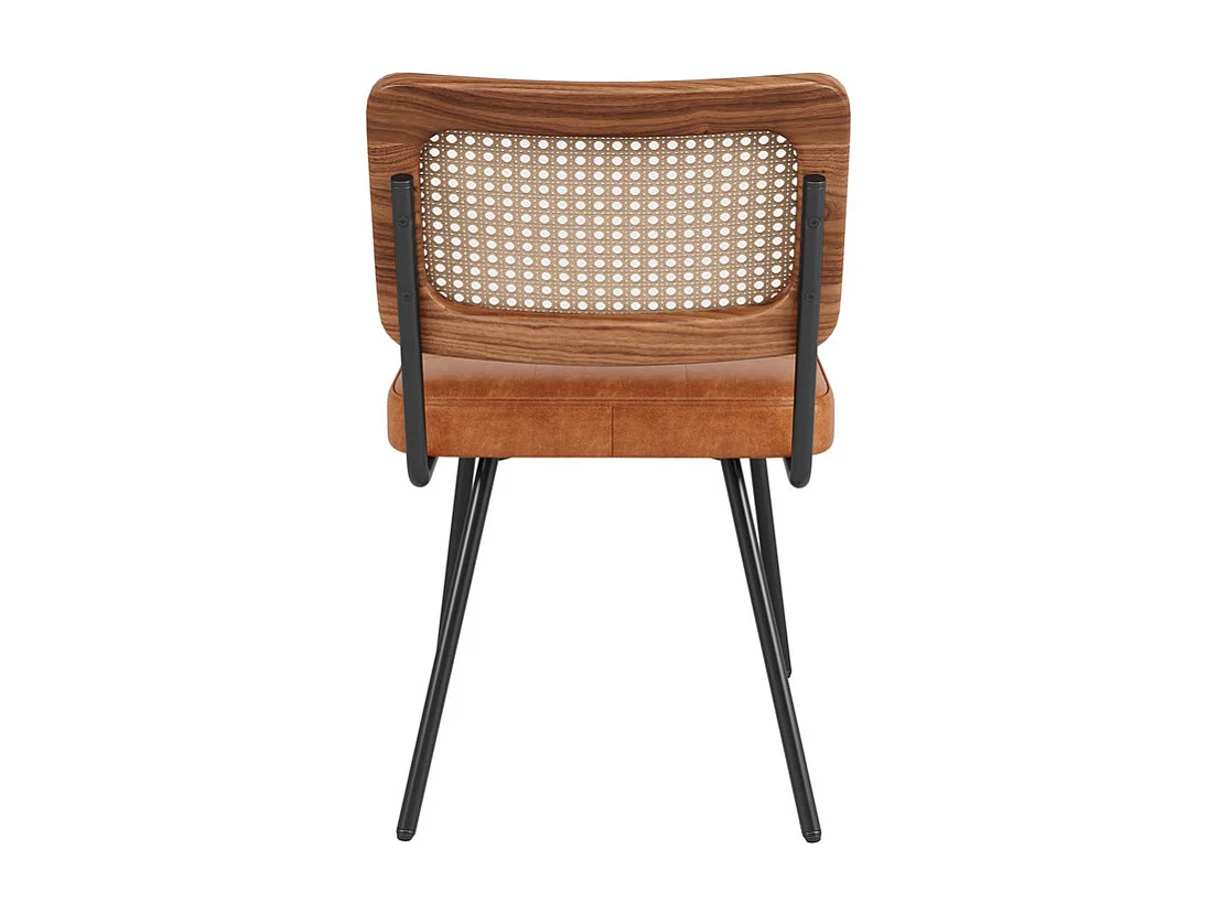 Lot de 6 chaises en cuir et métal - dossier en rotin - pieds réglables - 61x46x79cm