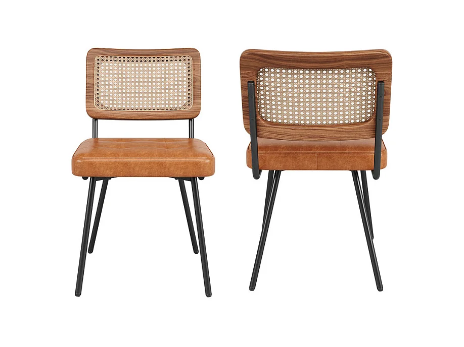 Lot de 2 chaises en cuir et métal - dossier en rotin - pieds réglables - 61x46x79cm