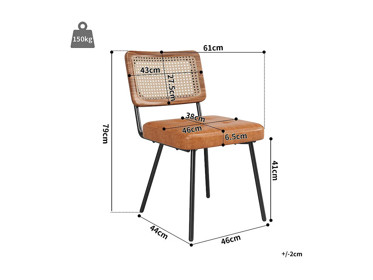 Set van 2 Leren metalen stoelen - rieten rugleuning - verstelbare poten - 61x46x79cm