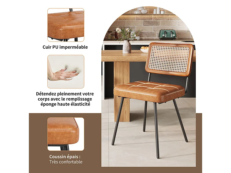 Set van 2 Leren metalen stoelen - rieten rugleuning - verstelbare poten - 61x46x79cm