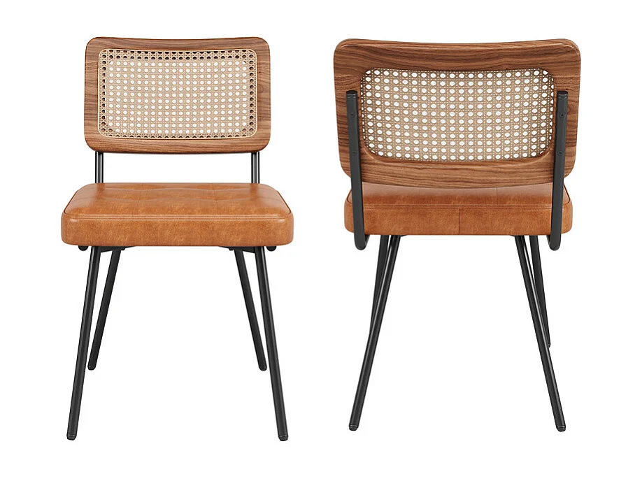 Set van 2 Leren metalen stoelen - rieten rugleuning - verstelbare poten - 61x46x79cm