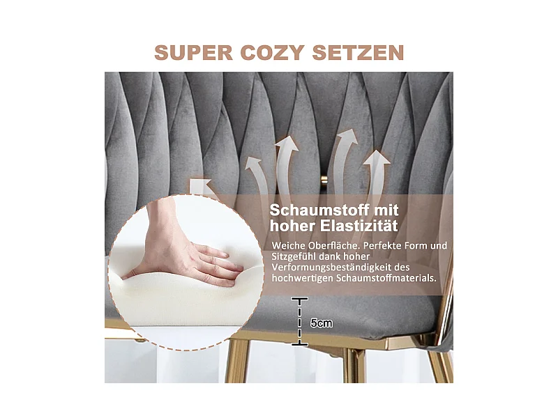 Juego de 2 Silla en terciopelo gris - patas de metal con patines antideslizantes - 54x52x72cm