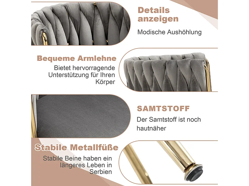 Juego de 2 Silla en terciopelo gris - patas de metal con patines antideslizantes - 54x52x72cm