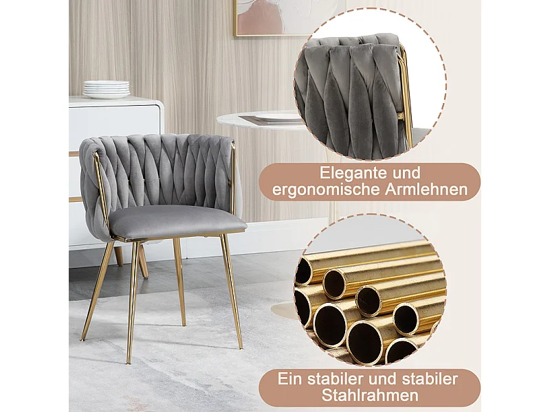 Juego de 2 Silla en terciopelo gris - patas de metal con patines antideslizantes - 54x52x72cm