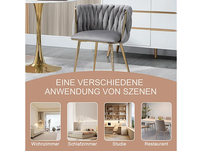 Lot de 2 Chaise en velours gris - pieds en métal avec patins anti-dérapants - 54x52x72cm