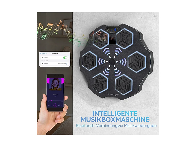 Music Boxing Machine - avec LED et Bluetooth - 3 Modes de 9 Vitesse - 44 x 44 x 8 cm