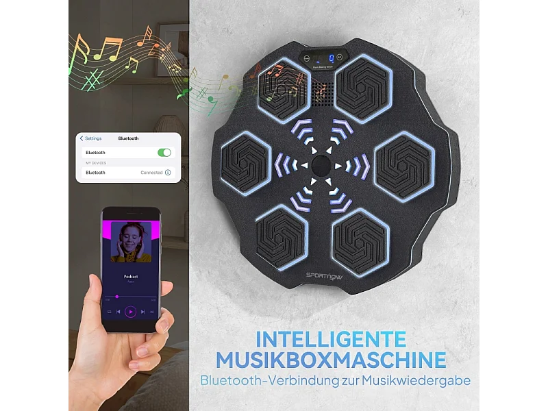 Music Boxing Machine - mit LED und Bluetooth - 3 Modi und 9 Geschwindigkeiten - 44 x 44 x 8 cm