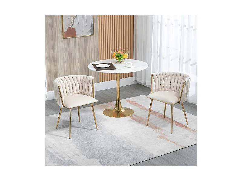 Lot de 2 Chaise en velours beige - pieds en métal avec patins anti-dérapants - 54x52x72cm