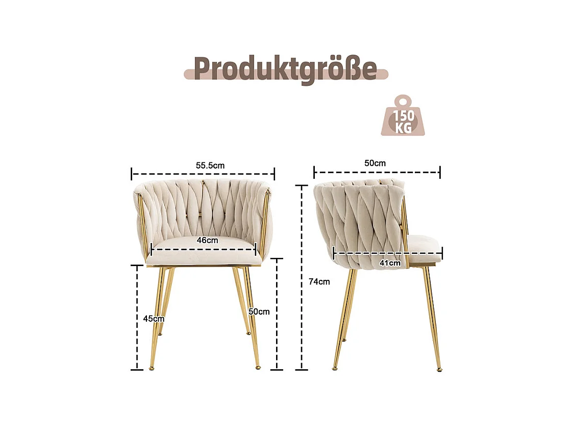 Lot de 2 Chaise en velours beige - pieds en métal avec patins anti-dérapants - 54x52x72cm