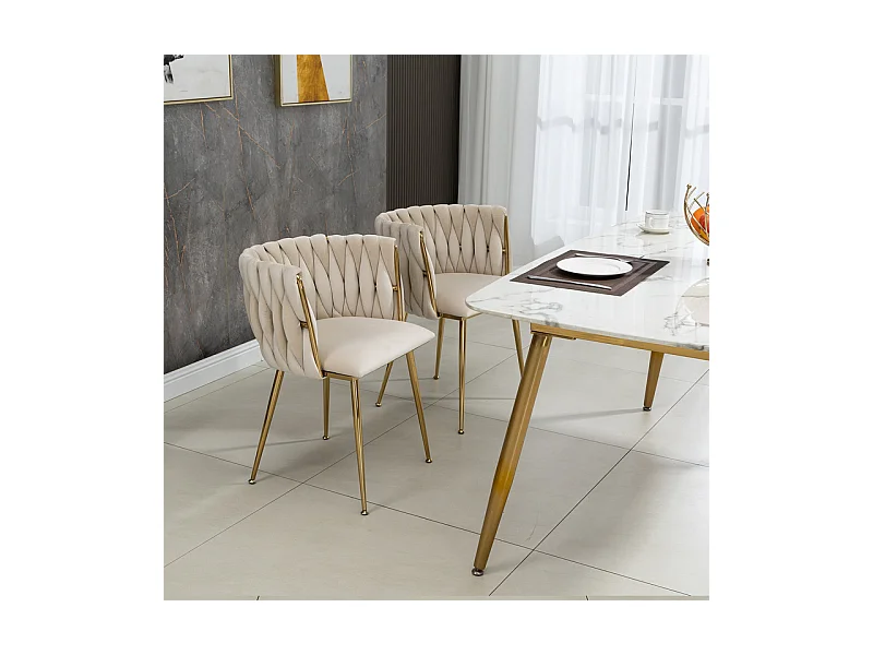 Lot de 2 Chaise en velours beige - pieds en métal avec patins anti-dérapants - 54x52x72cm