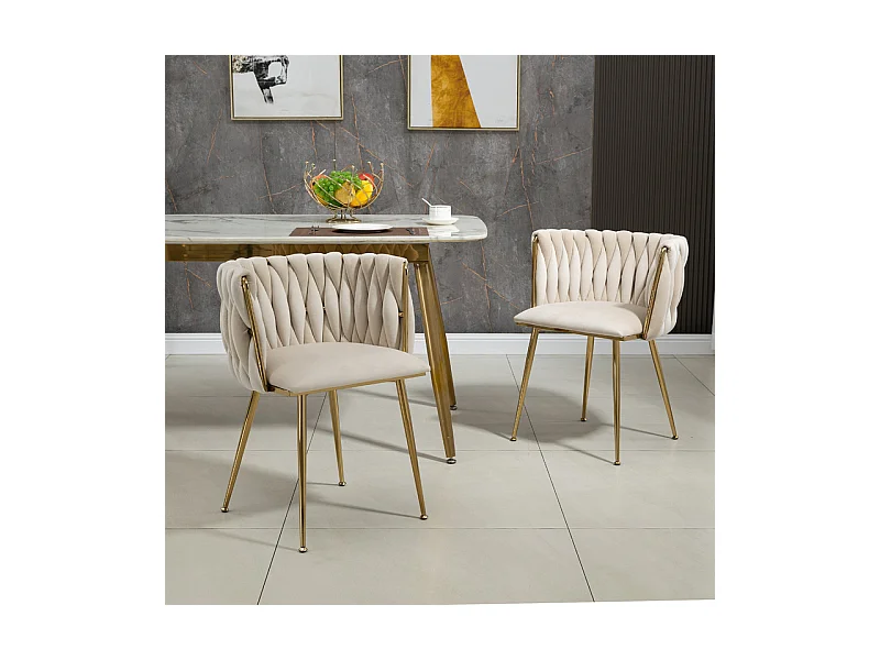 Lot de 2 Chaise en velours beige - pieds en métal avec patins anti-dérapants - 54x52x72cm