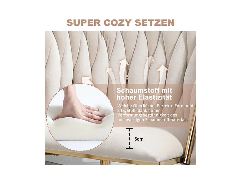 Lot de 2 Chaise en velours beige - pieds en métal avec patins anti-dérapants - 54x52x72cm