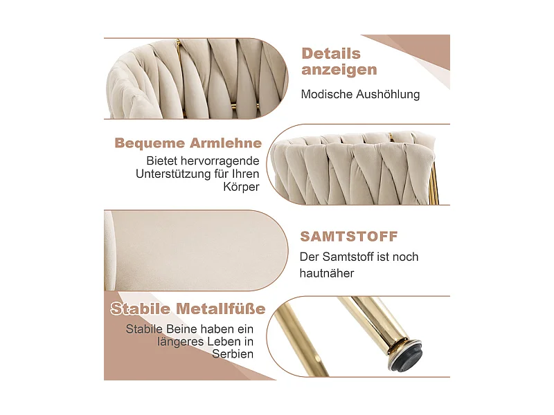 Lot de 2 Chaise en velours beige - pieds en métal avec patins anti-dérapants - 54x52x72cm